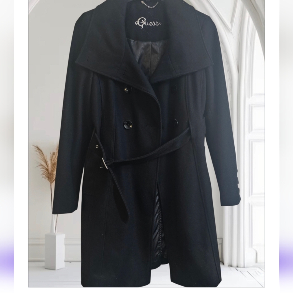 Guess Women's Double Breasted Black Trench Coat Large Leopard Lining